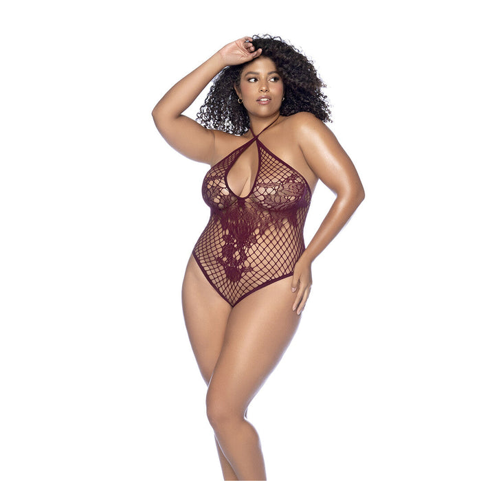 Mapalé Kirschroter Netz Body Mit Blumenmotiv & Schnürrücken