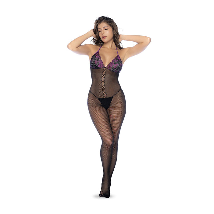 Mapalé Netz-Bodystocking-Set Mit Spitze In Schwarz & Lila