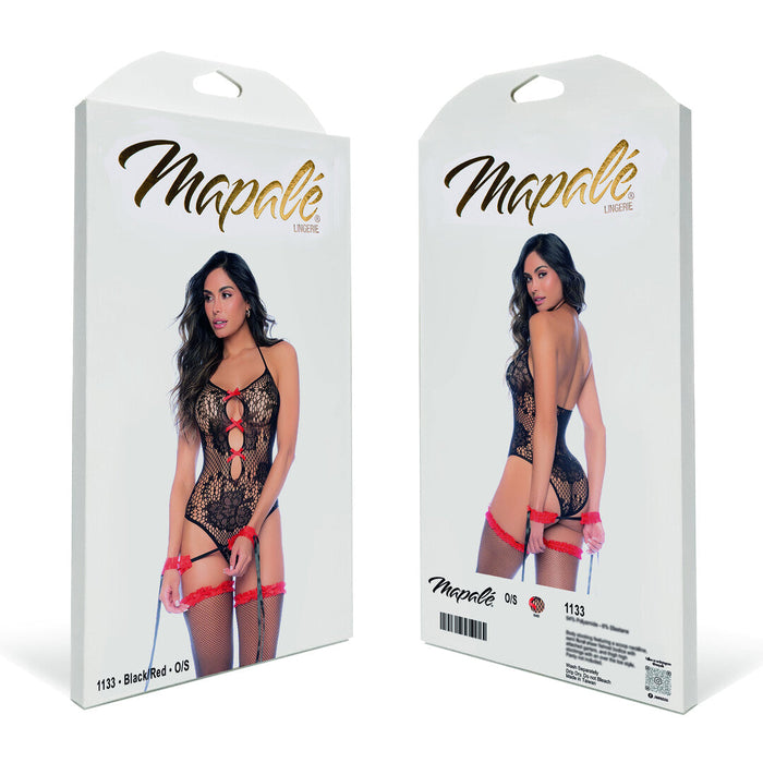 Mapalé Blumen-Netz-Body In Schwarz & Rot