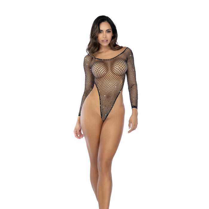 Mapalé Schwarzer Netz-Body Mit Strass & Langen Ärmeln