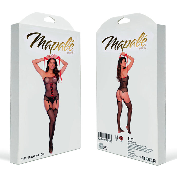 Mapalé Schwarze Netz-Bodystocking Im Krankenschwester-Look Mit Fesseln