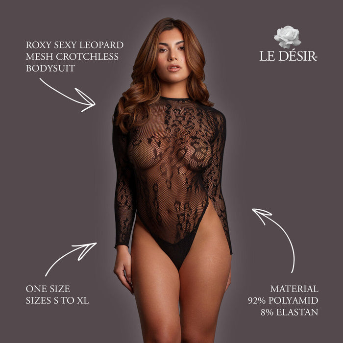 Le Désir Schwarzer Leopard-Mesh-Body Mit Offenem Schritt