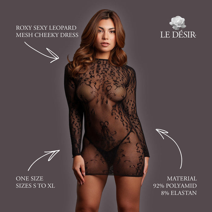 Le Désir Schwarzes Leopard-Mesh-Kleid Mit Langen Ärmeln
