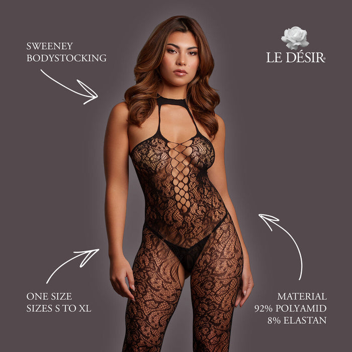 Le Désir Schwarze Spitzen-Bodystocking Mit Neckholder