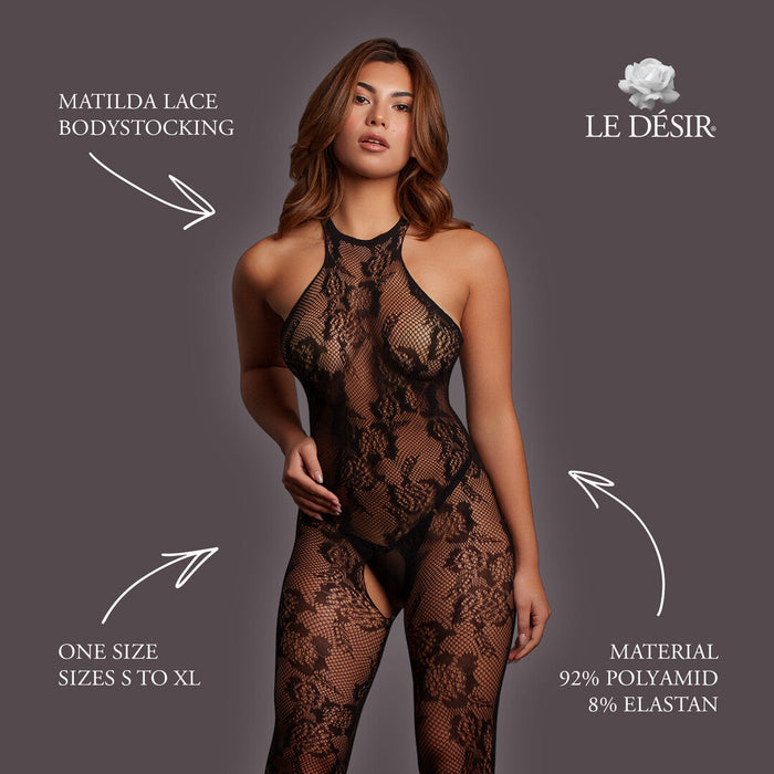 Le Désir Schwarze Spitzen-Bodystocking Mit Offenem Schritt